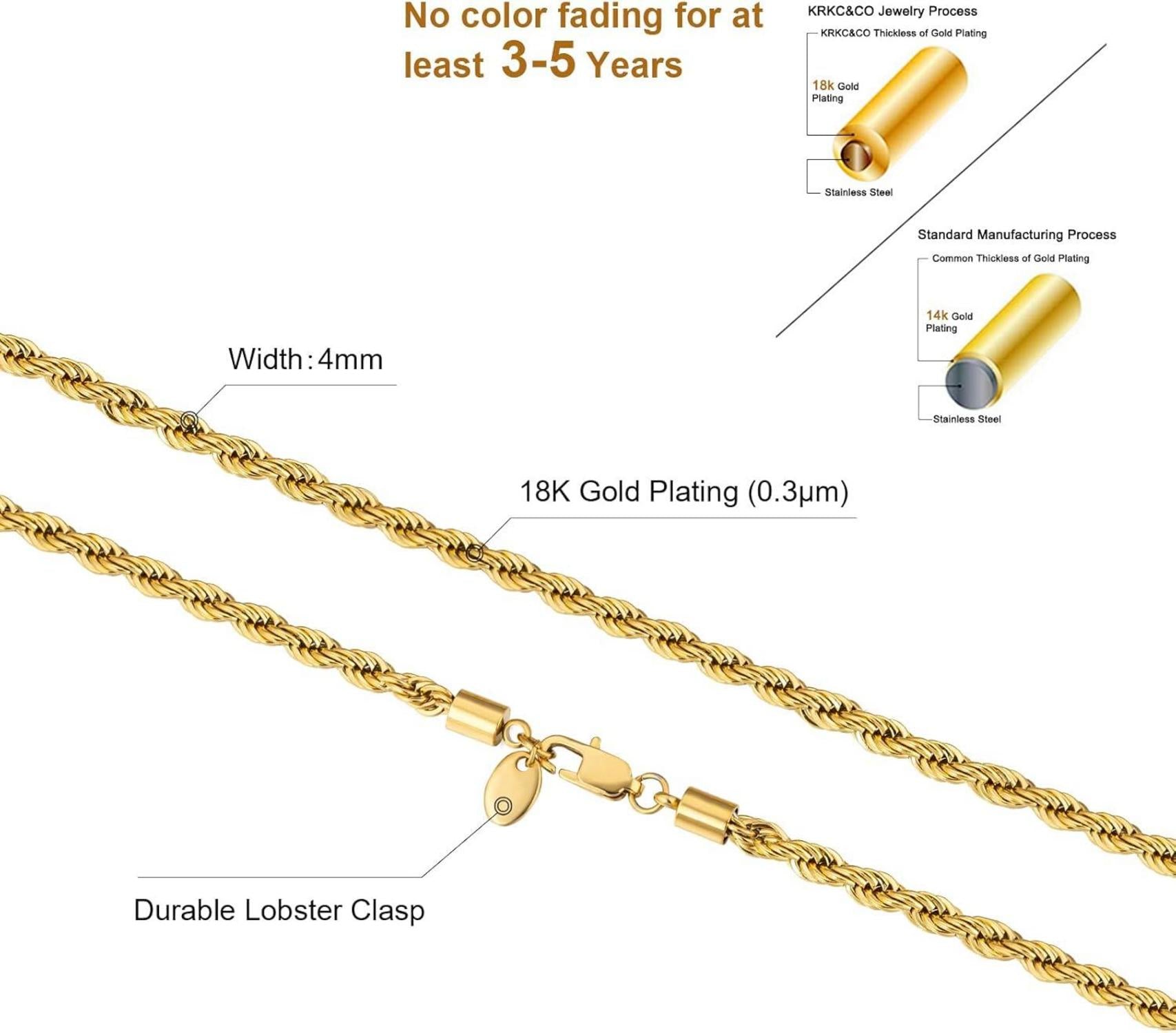 KRKC&CO 4mm Goldkette Rope Kette Herren Damen 55,9cm 18K Gold