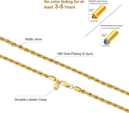 KRKC&CO 4mm Goldkette Rope Kette Herren Damen 55,9cm 18K Gold