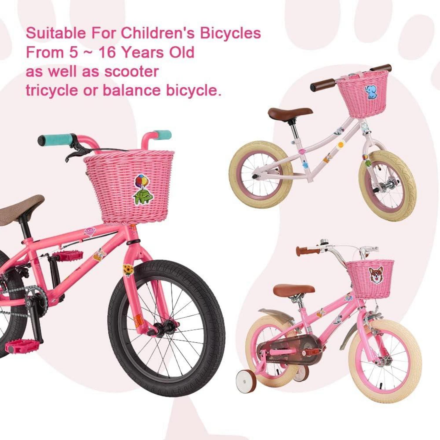 Fahrradkorb Kinder Mädchen Vorne Abnehmbar Rattan Aufkleber Rosa