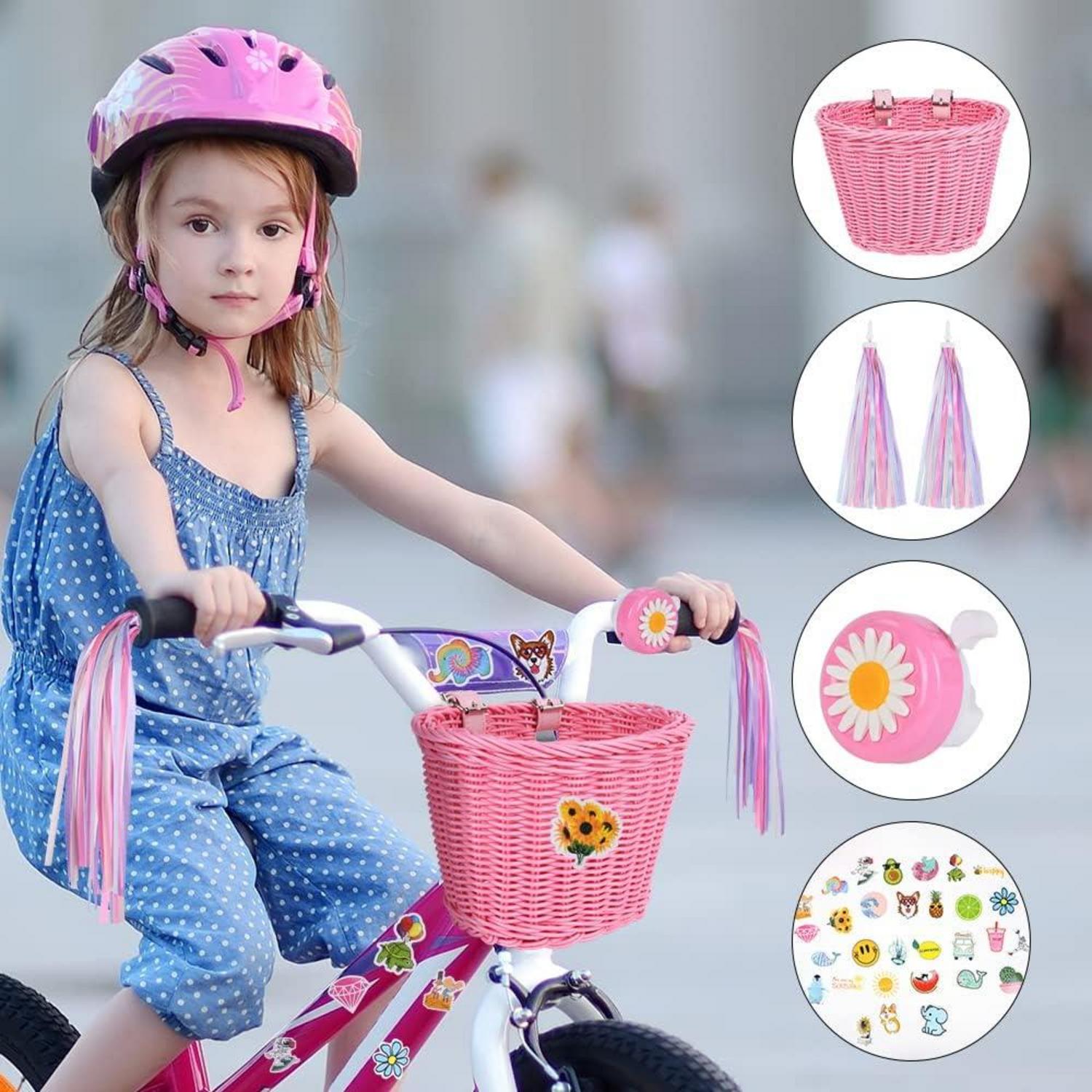 Fahrradkorb Kinder Mädchen Vorne Geflochten Rattan Abnehmbar Rosa