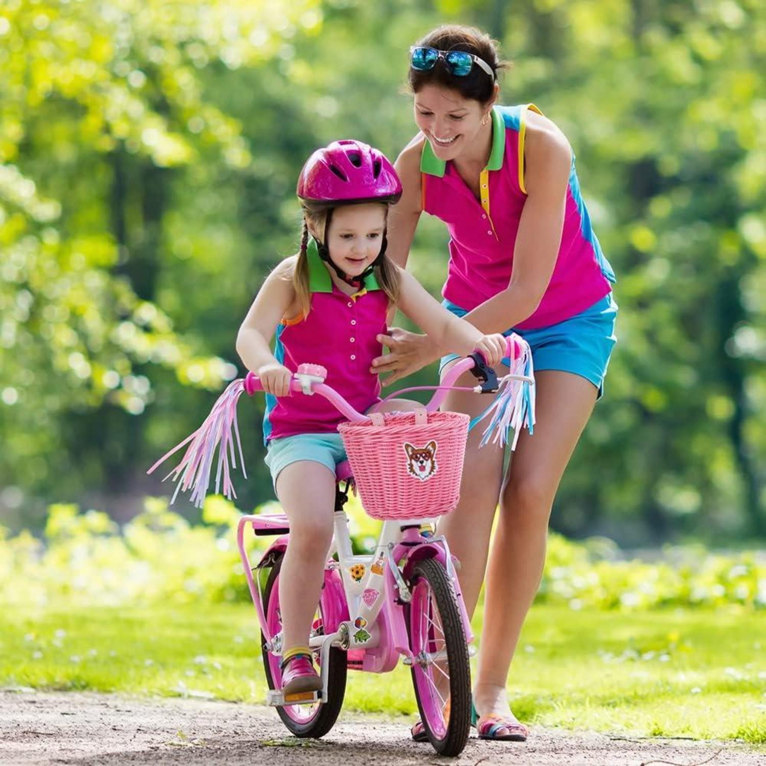 Fahrradkorb Kinder Mädchen Vorne Abnehmbar Rattan Aufkleber Rosa