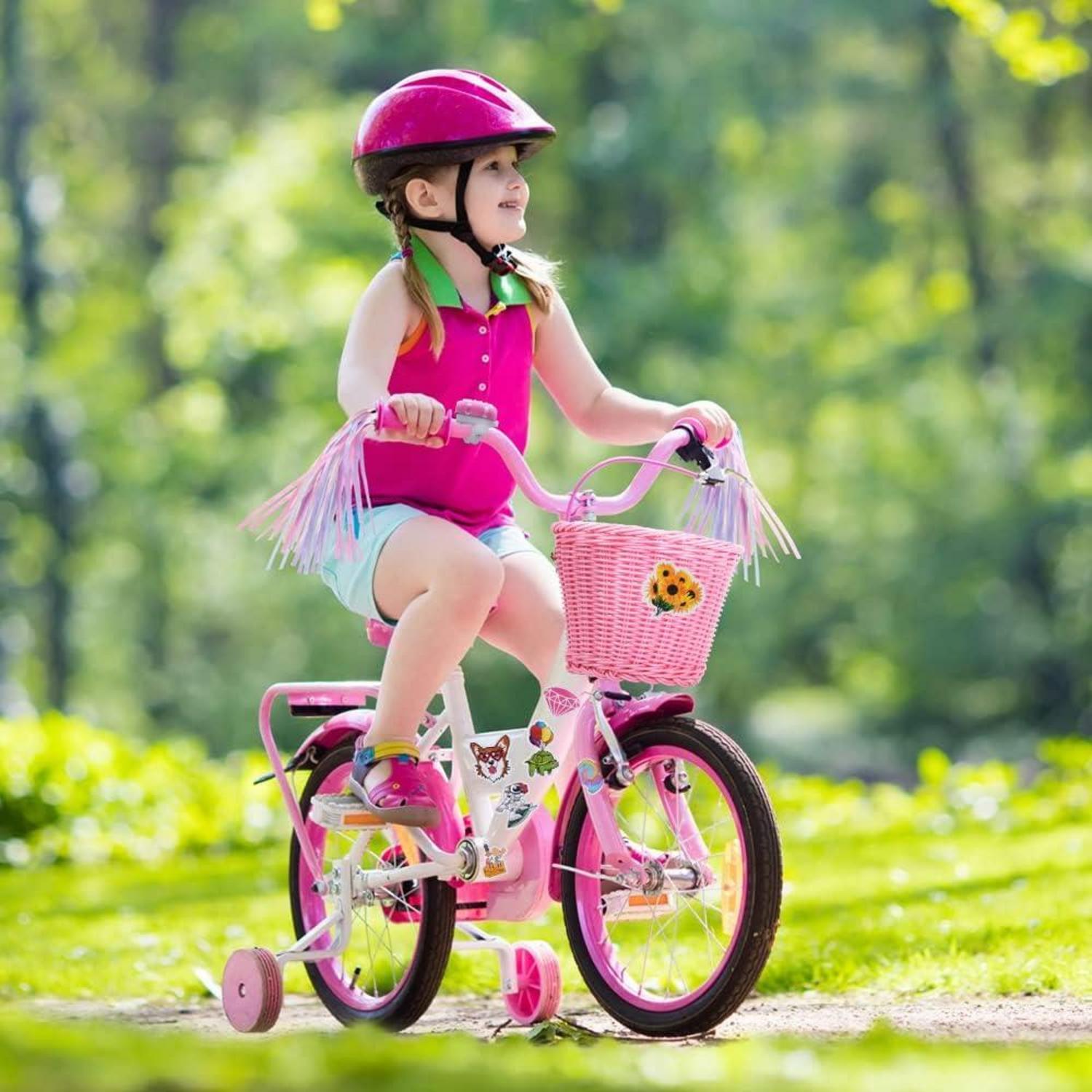 Fahrradkorb Kinder Mädchen Vorne Geflochten Rattan Abnehmbar Rosa