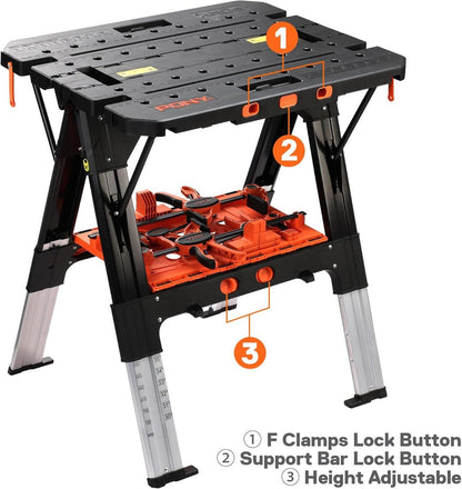 Klappbare Werkbank 2-in-1 mit Zubehör, bis 454kg belastbar