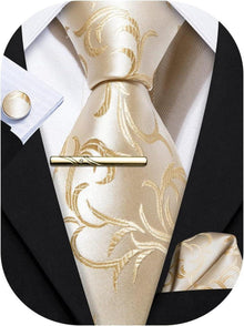Seidige Beige Satin Krawatte mit Einstecktuch und Manschettenknopf