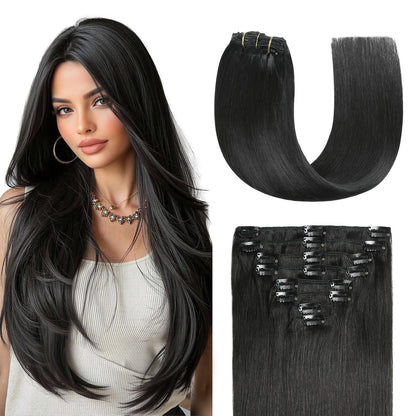 Echthaar Verlängerung Clip In – Tiefschwarz Remy Haar 50cm