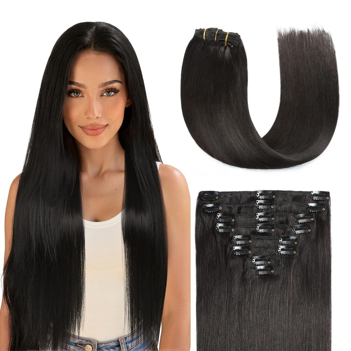 Echthaar Haarverlängerung Clip In – Natürliches Schwarz 50cm