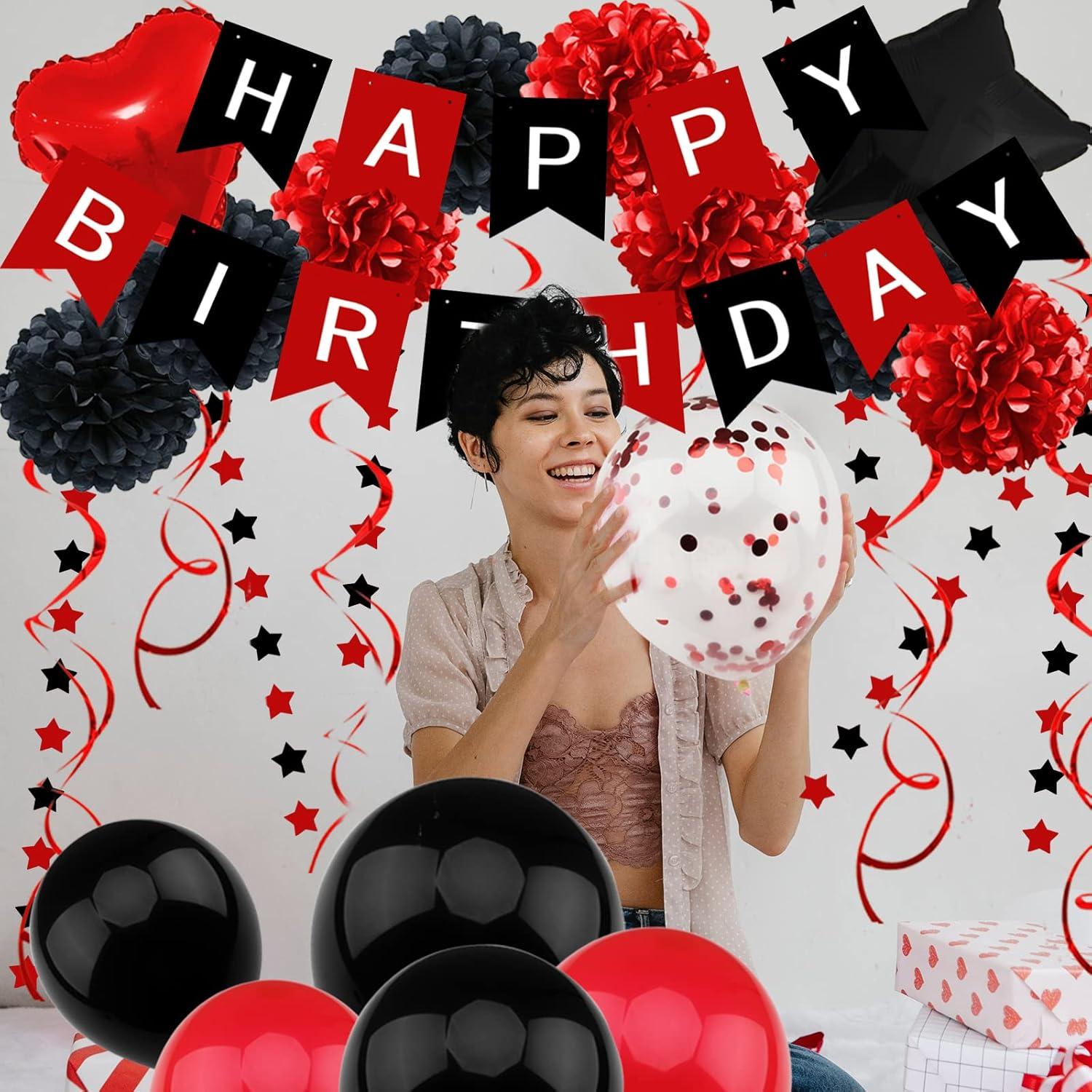 Geburtstagsdeko Schwarz Rot Happy Birthday Papier Pompons Folienballon
