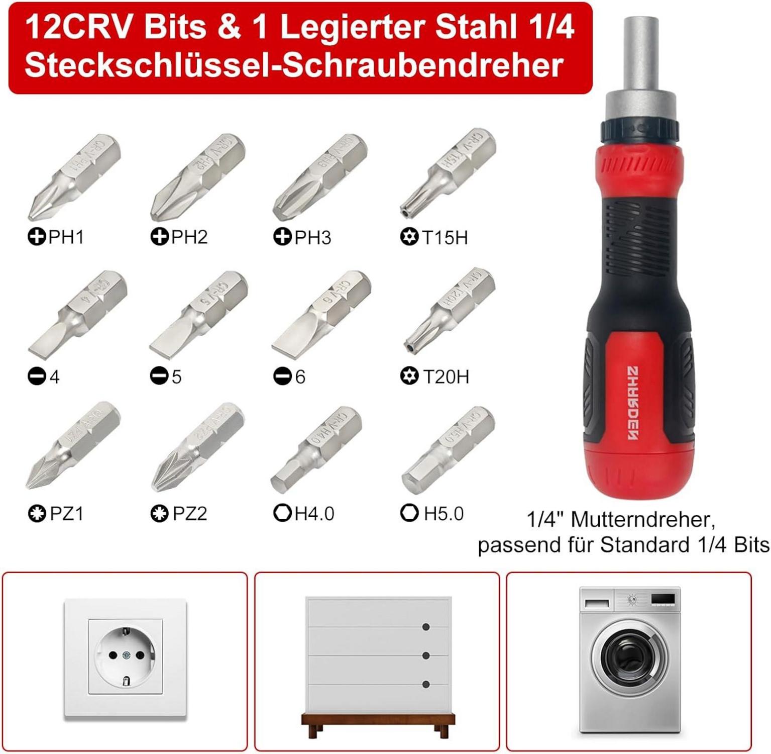 13-in-1 Ratschen-Schraubendreher Multitool mit CRV-Stahl-Bits