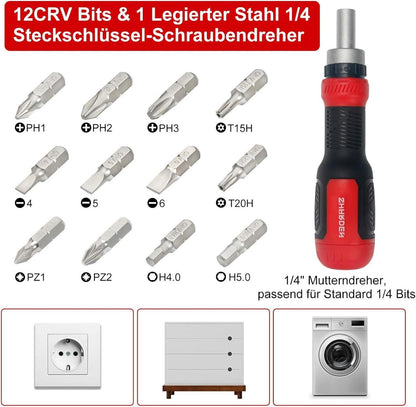 13-in-1 Ratschen-Schraubendreher Multitool mit CRV-Stahl-Bits