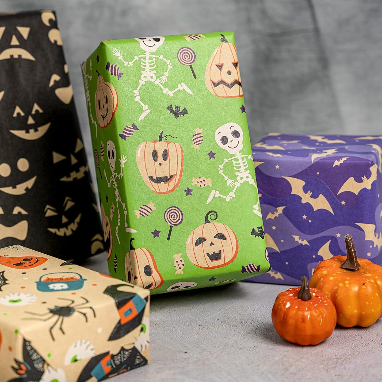 Halloween Geschenkpapier 6 Blätter 44,5x76 cm Skelette Kürbisse Fledermäuse