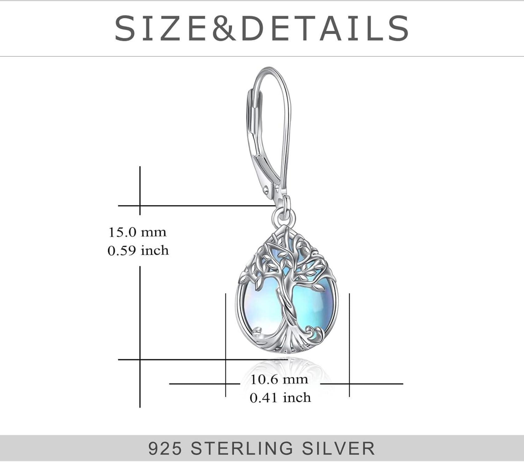 Sterling Silber Teardrop Dangle Ohrringe Mondstein Baum des Lebens