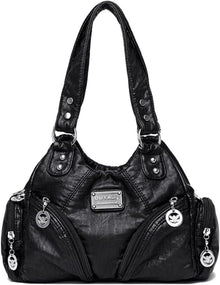 Schwarze Retro Damen Handtasche PU Leder Schultertasche Henkeltasche
