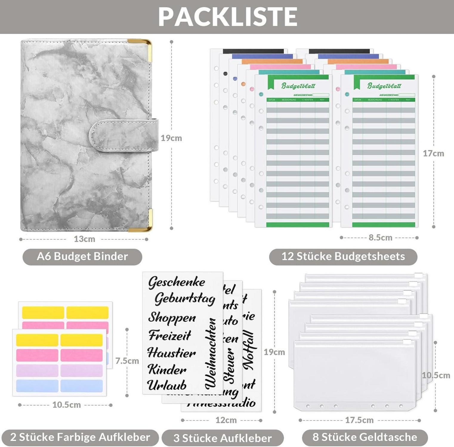 Budget Planner A6 mit 8 Geldumschlägen, 12 Budgetbogen, PU