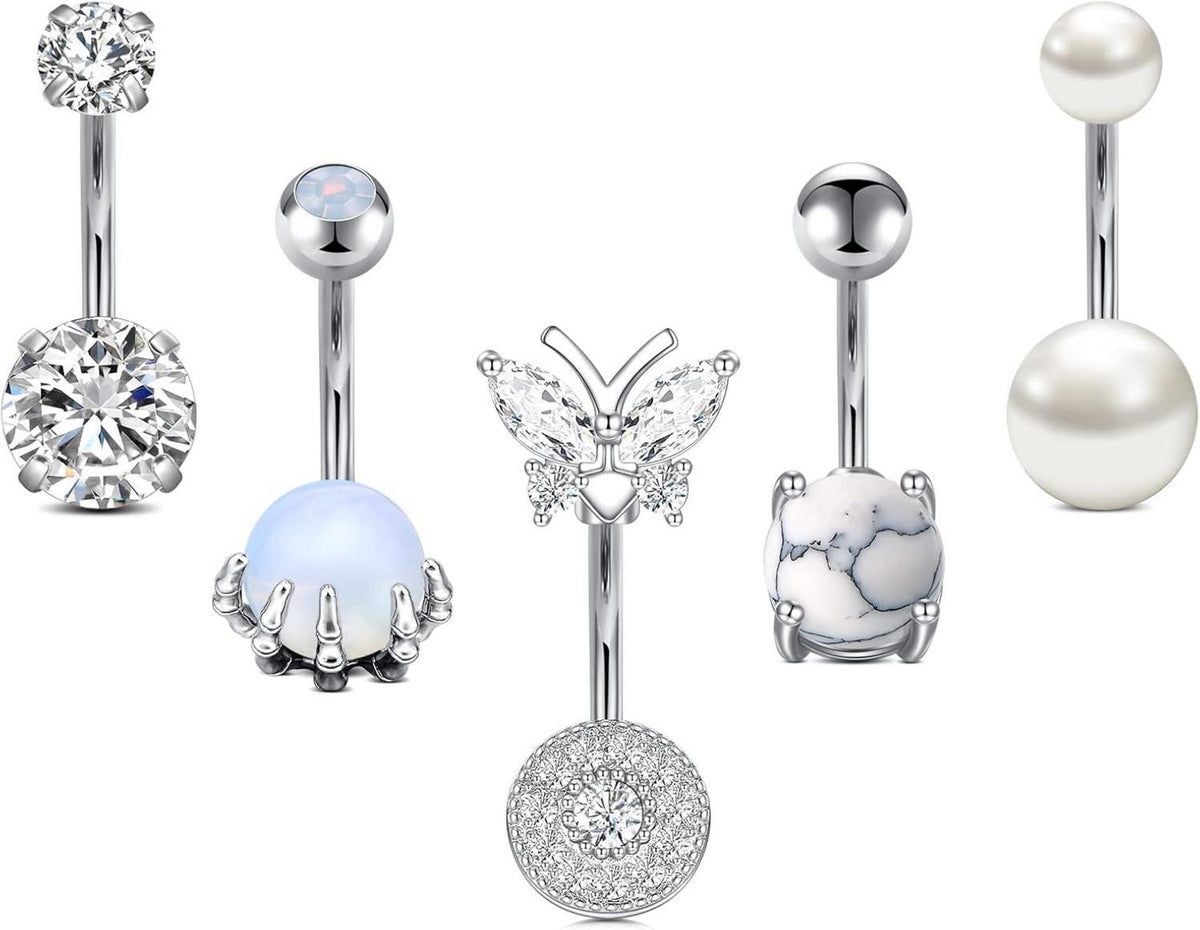 Bauchnabelpiercing Chirurgenstahl Silber Herz Diamant Opal