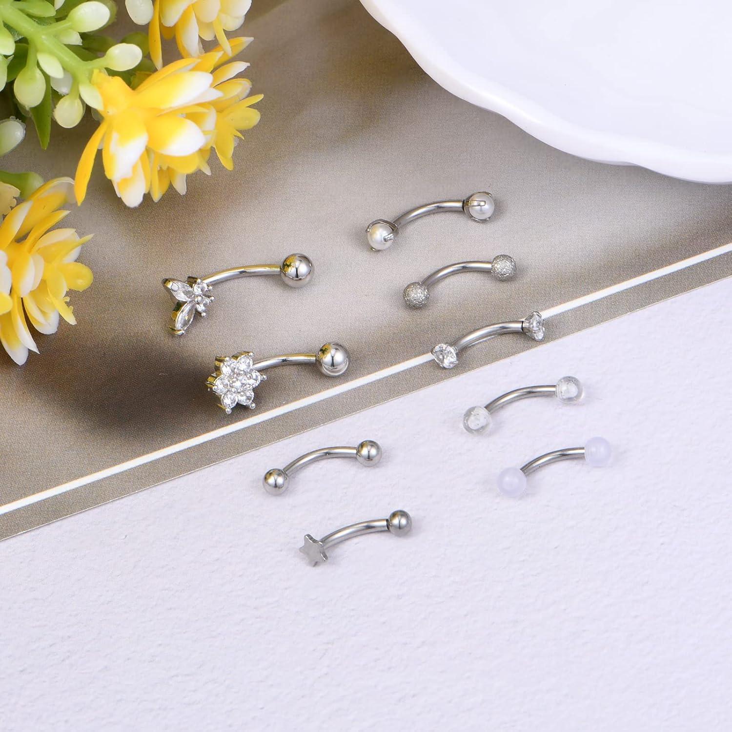 9-10 Augenbrauenpiercing Set 16G 8mm Chirurgenstahl Diamant Perle Star Daith Bauchnabelpiercing