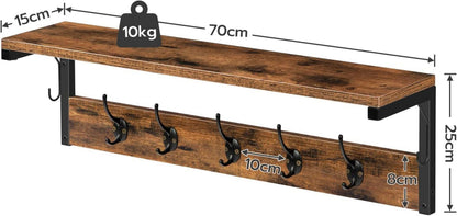 HOOBRO Wandgarderobe mit 7 Haken und Ablage Dunkelbraun-Schwarz