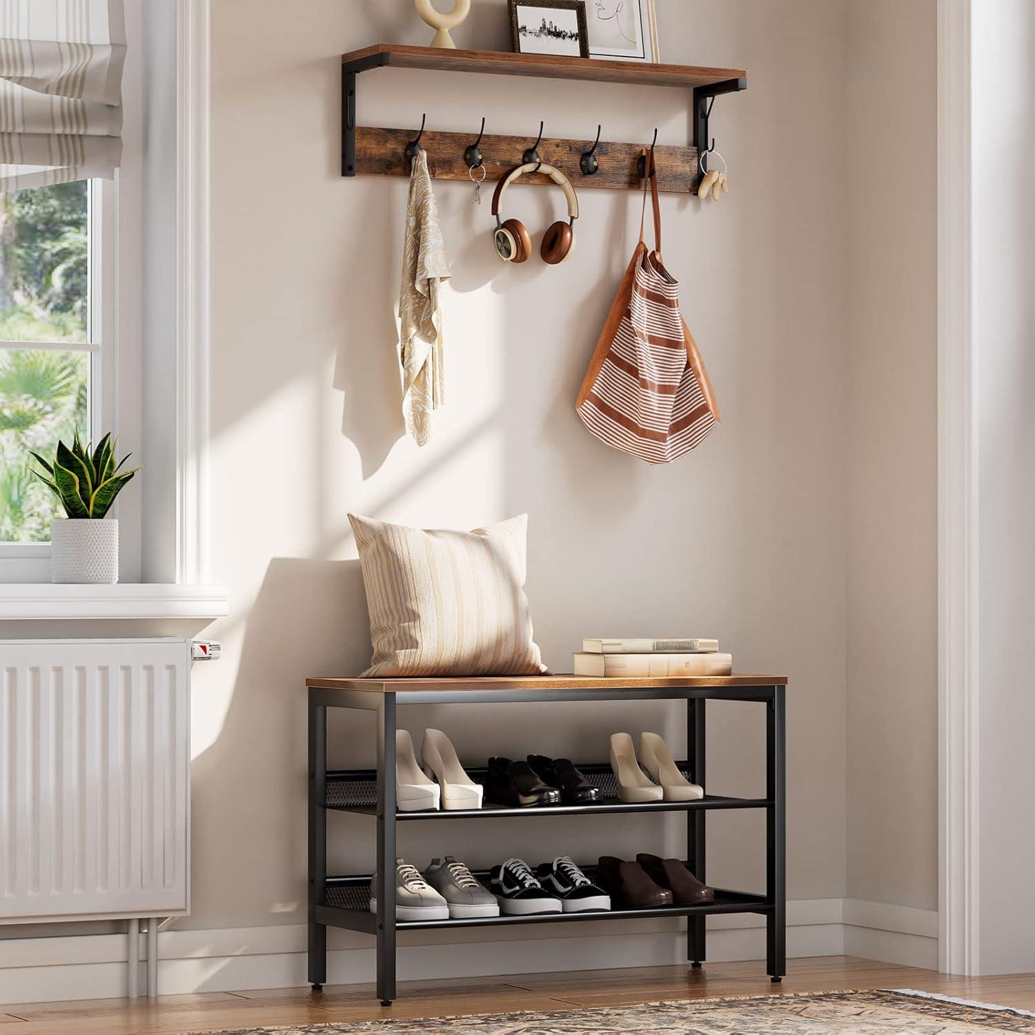 HOOBRO Wandgarderobe mit 7 Haken und Ablage Dunkelbraun-Schwarz
