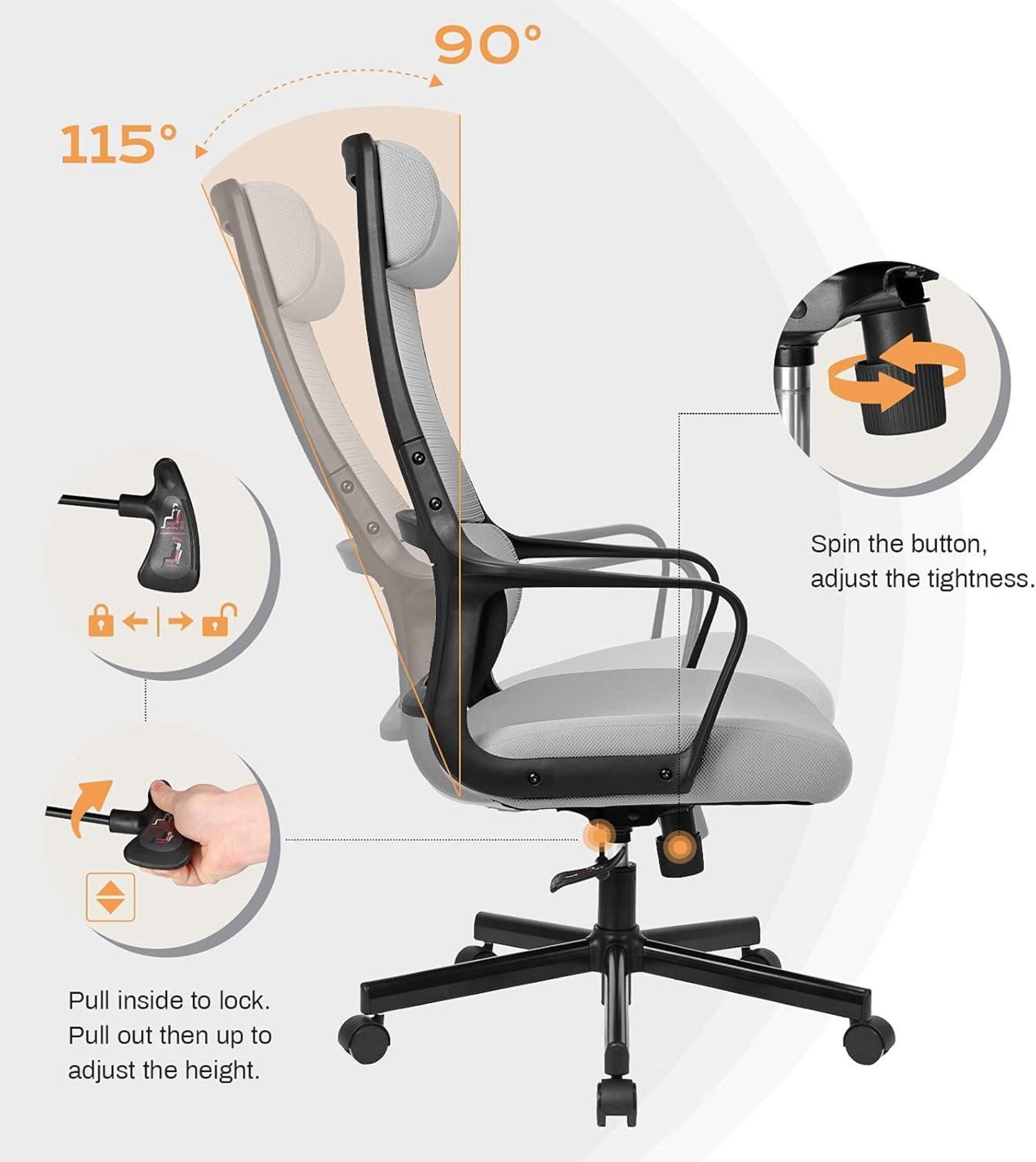 Ergonomischer Bürostuhl mit Wippfunktion und Höhenverstellung, Grau