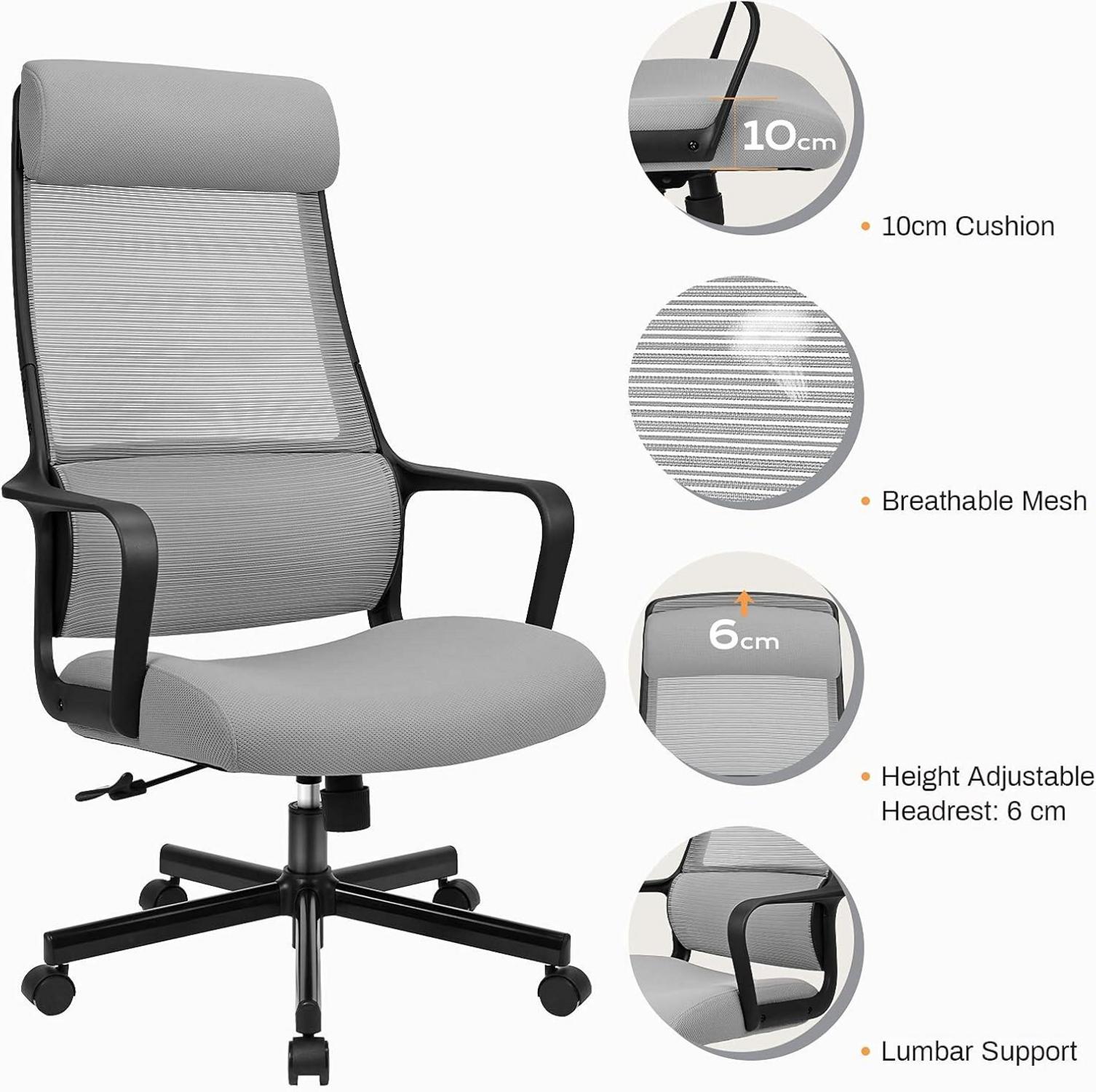 Ergonomischer Bürostuhl mit Kopfstütze, Wippfunktion, EN 1335, Grau