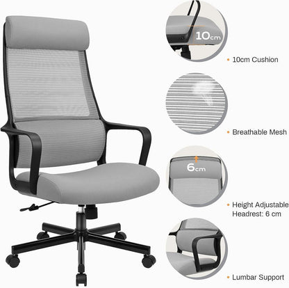 Ergonomischer Bürostuhl mit Kopfstütze, Wippfunktion, EN 1335, Grau