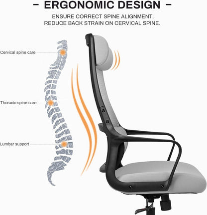 Ergonomischer Schreibtischstuhl mit Wippfunktion und Kopfstütze, Grau