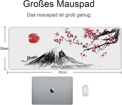 Weißes Gaming Mauspad XXL 800x300mm Japan Sakura Berg Fuji Anti-Rutsch