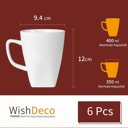 Kaffeebecher Porzellan Weiß 6er Set 400ml Henkel Tassen