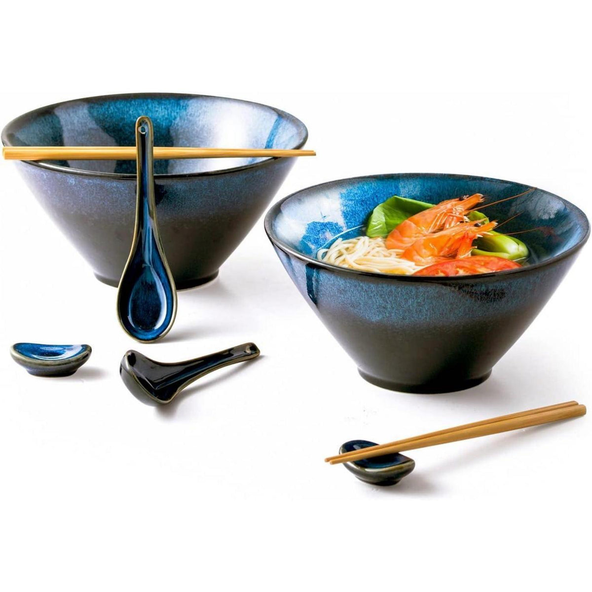Japanische Ramen Schüssel Set Keramik 2L mit Essstäbchen & Löffel Blau