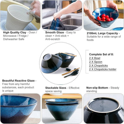 Japanische Ramen Schüssel Set Keramik 2L mit Essstäbchen & Löffel Blau