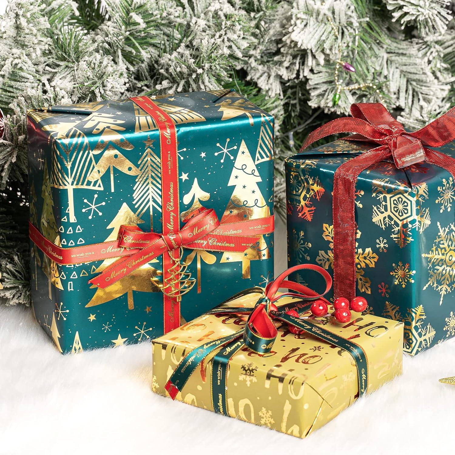 Weihnachtsgeschenkpapierrollen Set 3 Designs Dunkelgrün Glitzer Metallic