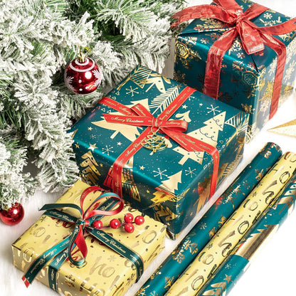 Weihnachtsgeschenkpapierrollen Set 3 Designs Dunkelgrün Glitzer Metallic