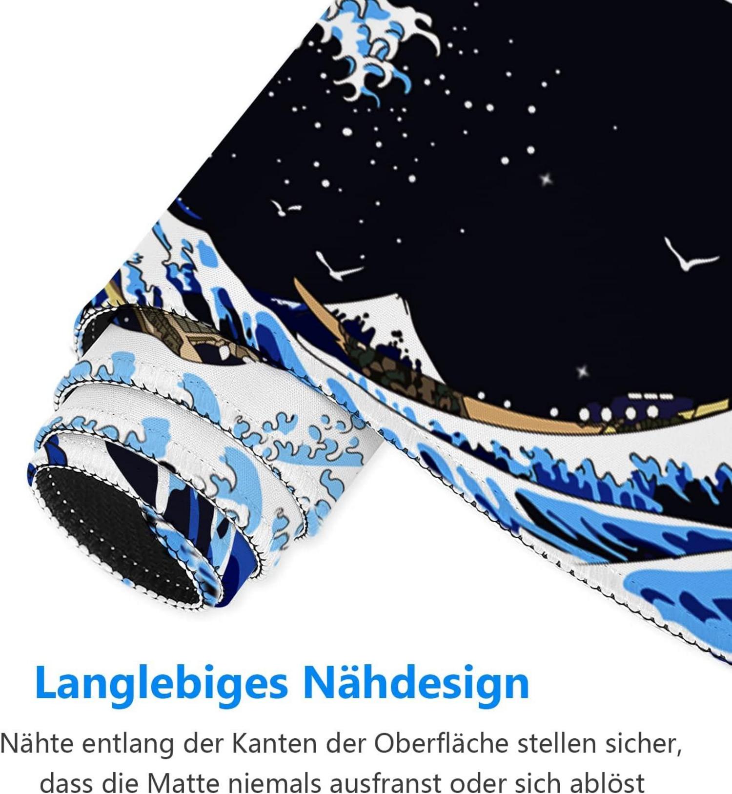 Gaming Mauspad XXL 800x300mm Japan Kanagawa Surfen Schwarz Vernähte Kanten Anti-Rutsch