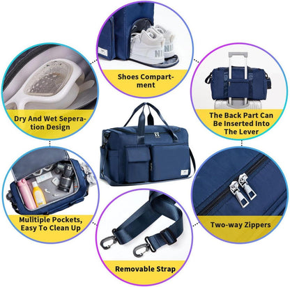 Sporttasche Damen 35L Faltbare Reisetasche Schuhfach Nassfach Marineblau