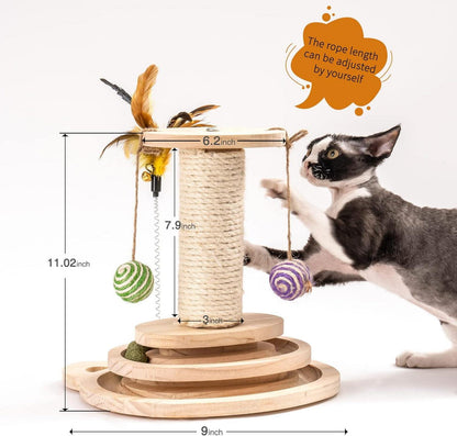 Katzenspielzeug Holz Roller 2-lagiger Drehteller Federn Bällen