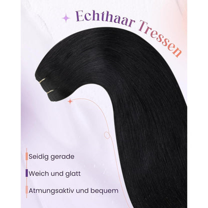 Echthaar Tressen Schwarz #1 – Remy Haare 60cm, 120g