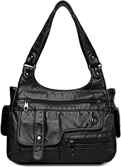 Damen Vintage PU-Leder Handtasche Schultertasche Schwarz