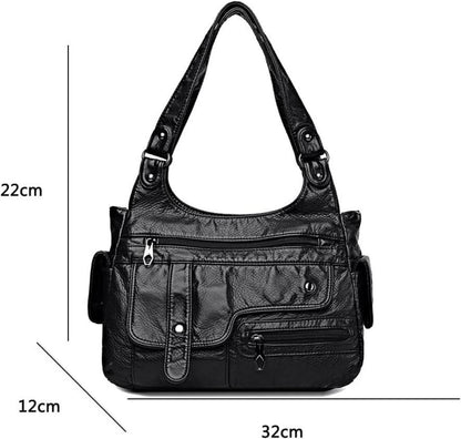 Damen Vintage PU-Leder Handtasche Schultertasche Schwarz