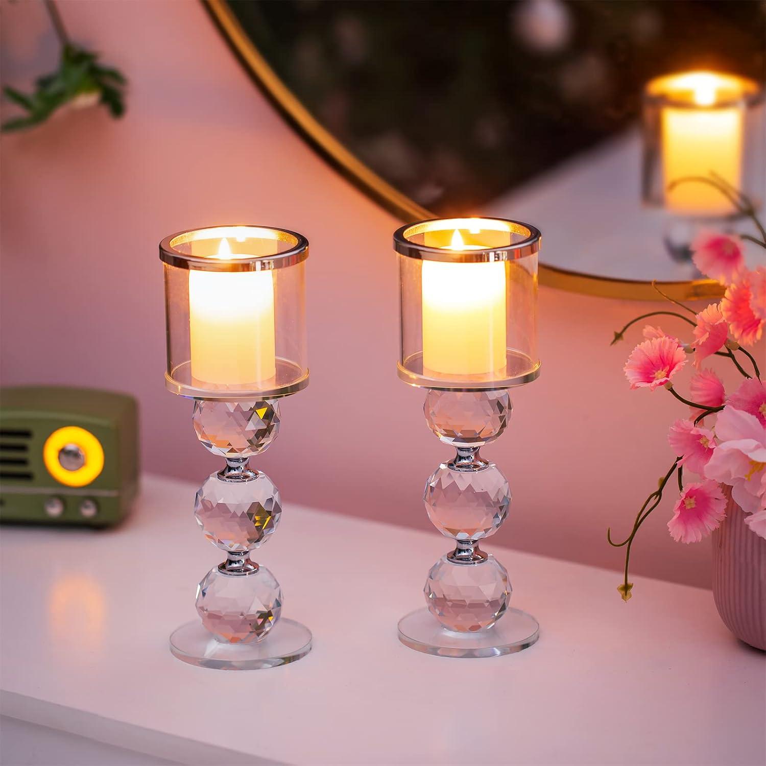 Kristall Kerzenständer Set 2 Stück Silber Moderne Glas Kerzenhalter
