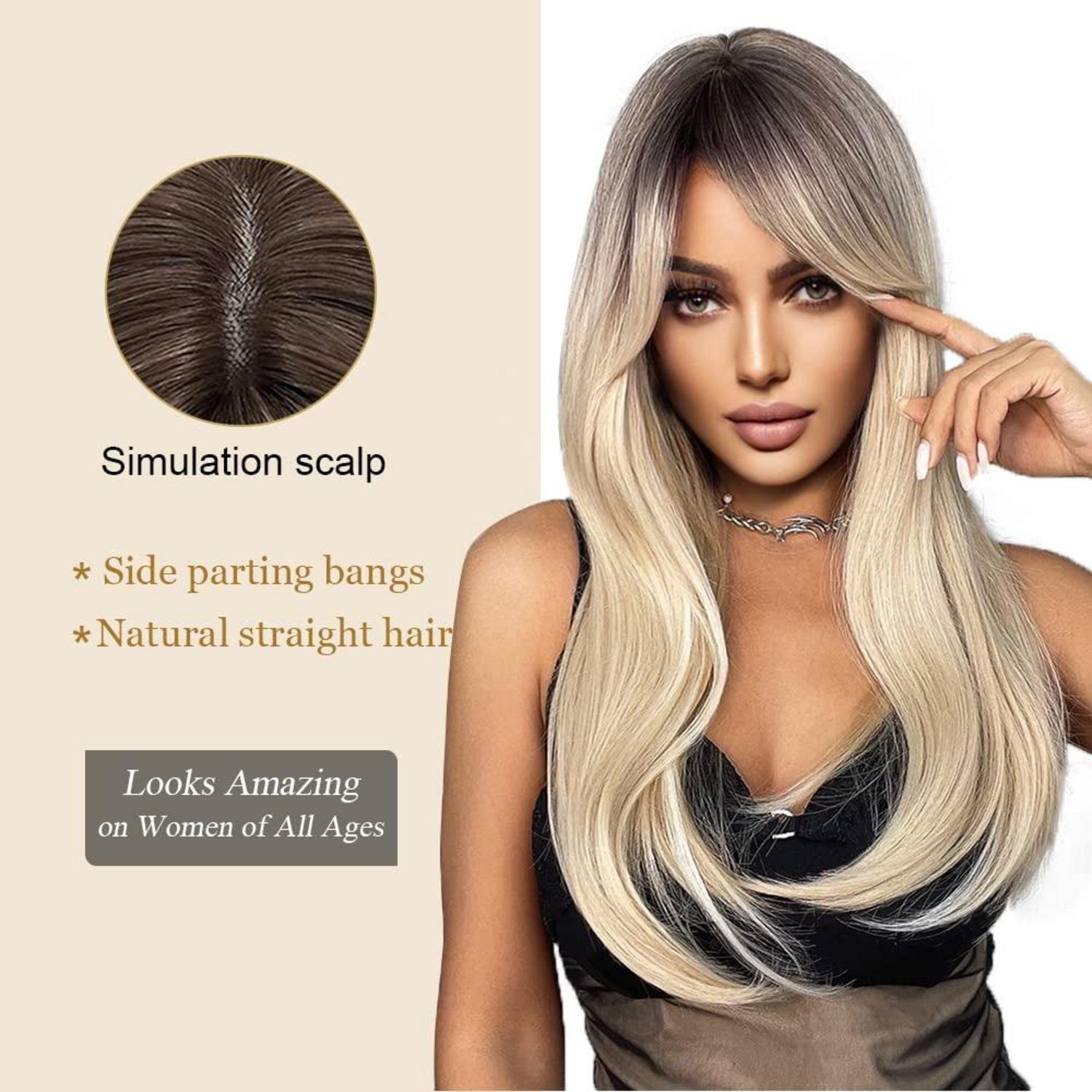 Lange Ombre Blonde Perücke mit Pony Natürliches Synthetisches Haar