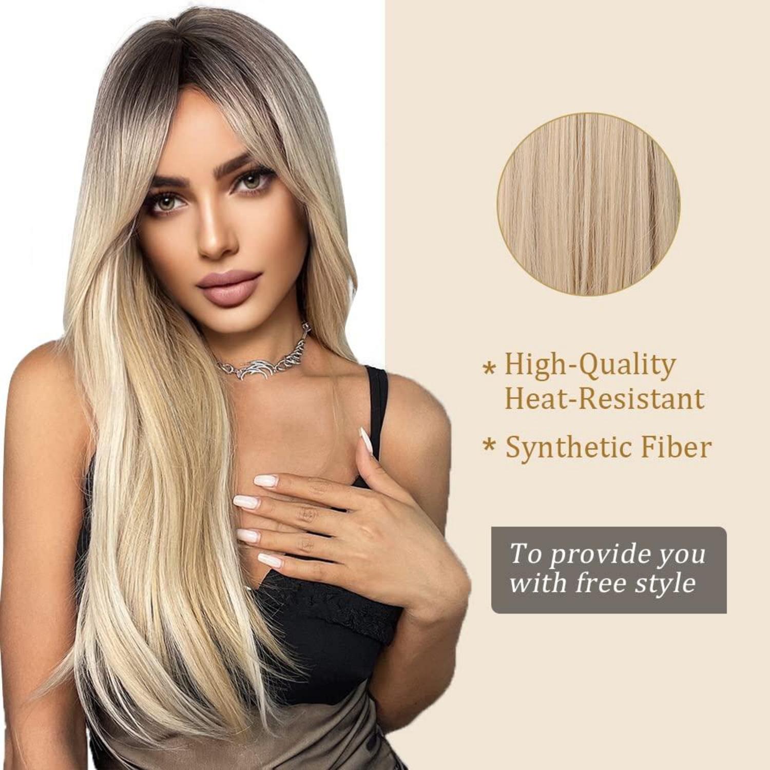 Lange Ombre Blonde Synthetische Perücke mit Seitenscheitel und Pony für Frauen