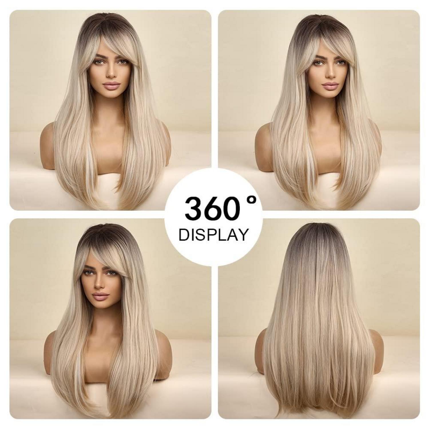 Lange Ombre Blonde Perücke mit Pony Seitenscheitel Geschichtet Synthetisches
