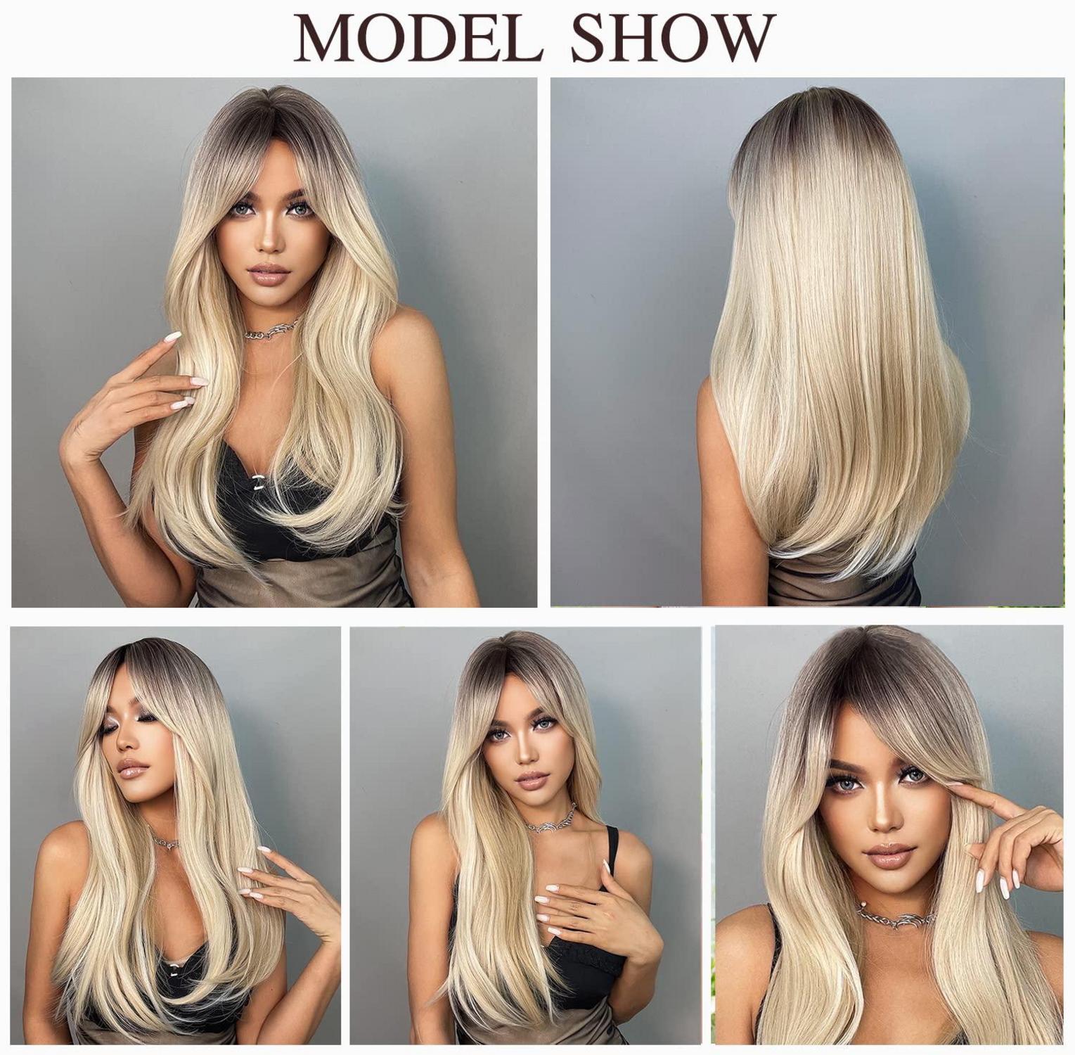 Lange Ombre Blonde Synthetische Perücke mit Pony, Seitenscheitel und