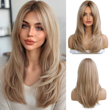 Ombre Blonde Lange Gerade Perücke mit Pony für Frauen Cosplay Party