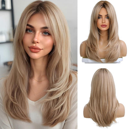 Ombre Blonde Lange Gerade Perücke mit Pony für Frauen Cosplay Party