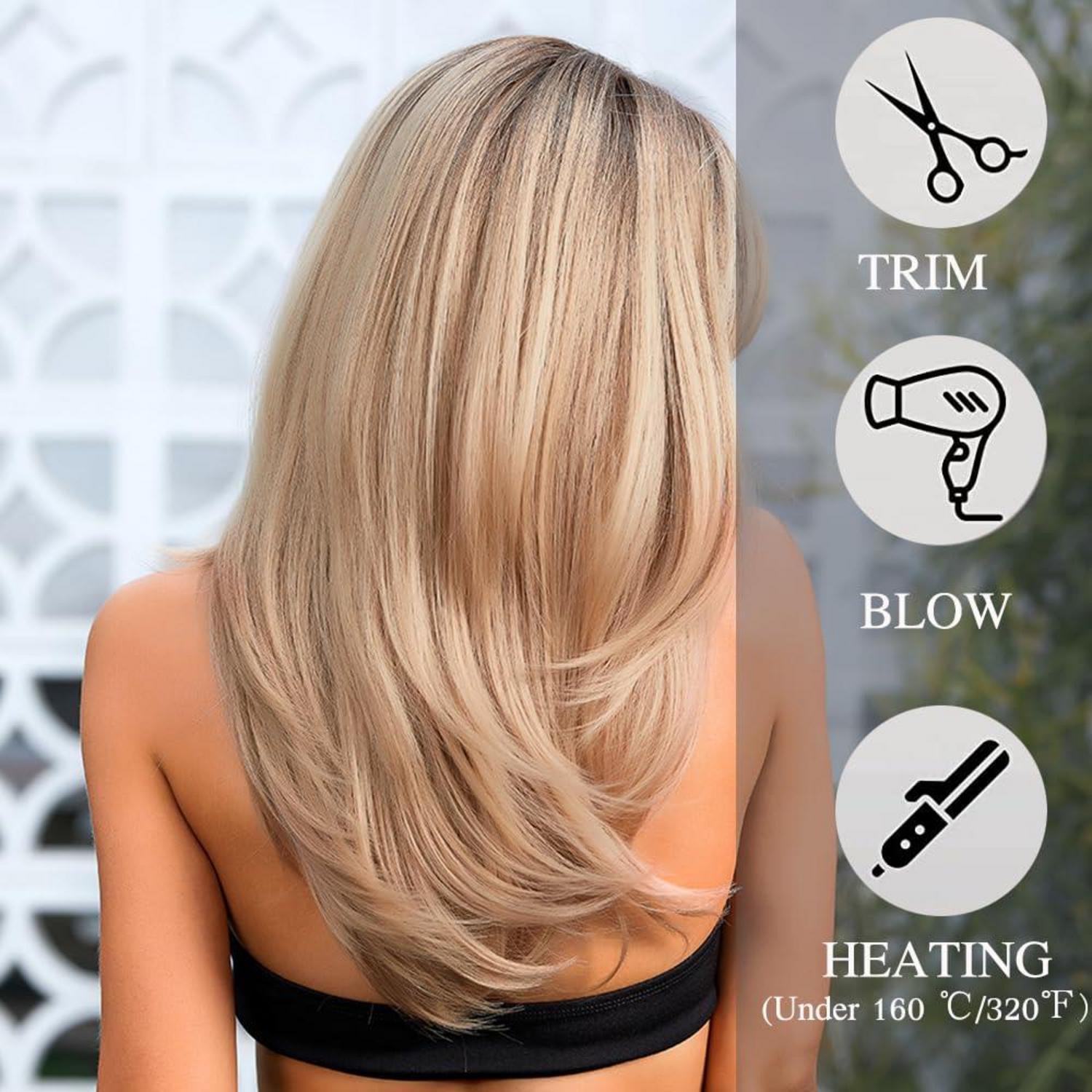 Ombre Blonde Perücke mit Pony Lange Gerade Synthetische Hitzebeständige Perücke