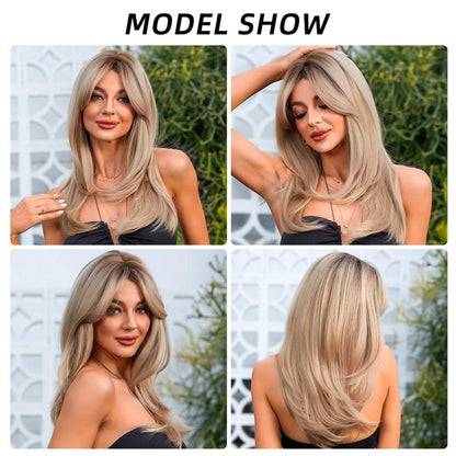 Ombre Blonde Lange Gerade Perücke mit Pony Synthetisch
