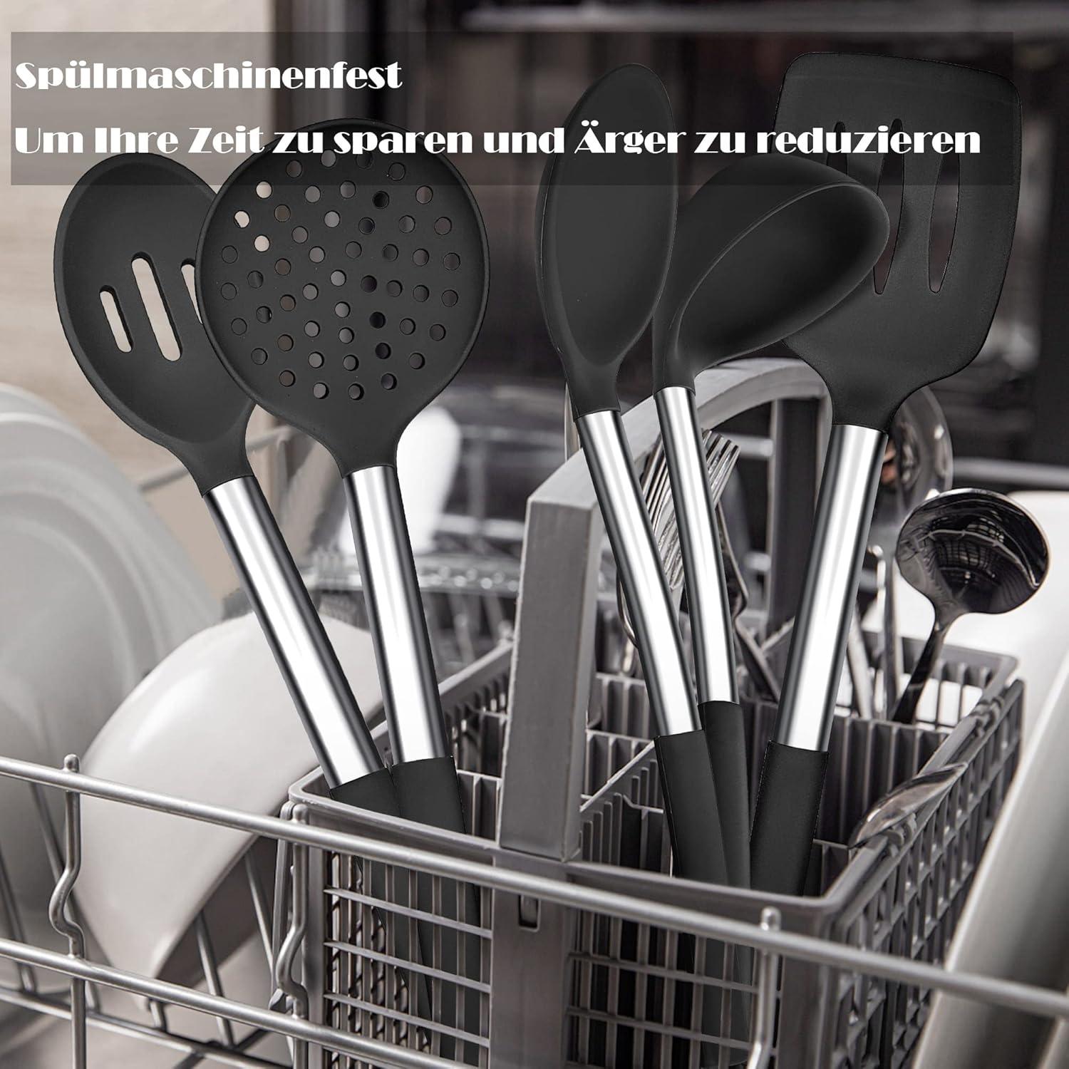Küchenhelfer Set 8-teilig Silikon Edelstahl Griff Schwarz Hitzebeständig