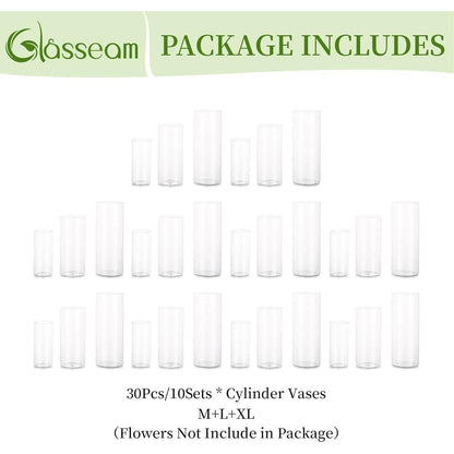 Glasvasen Zylinder 10er Set Klar 15-25cm für Blumen & Kerzen