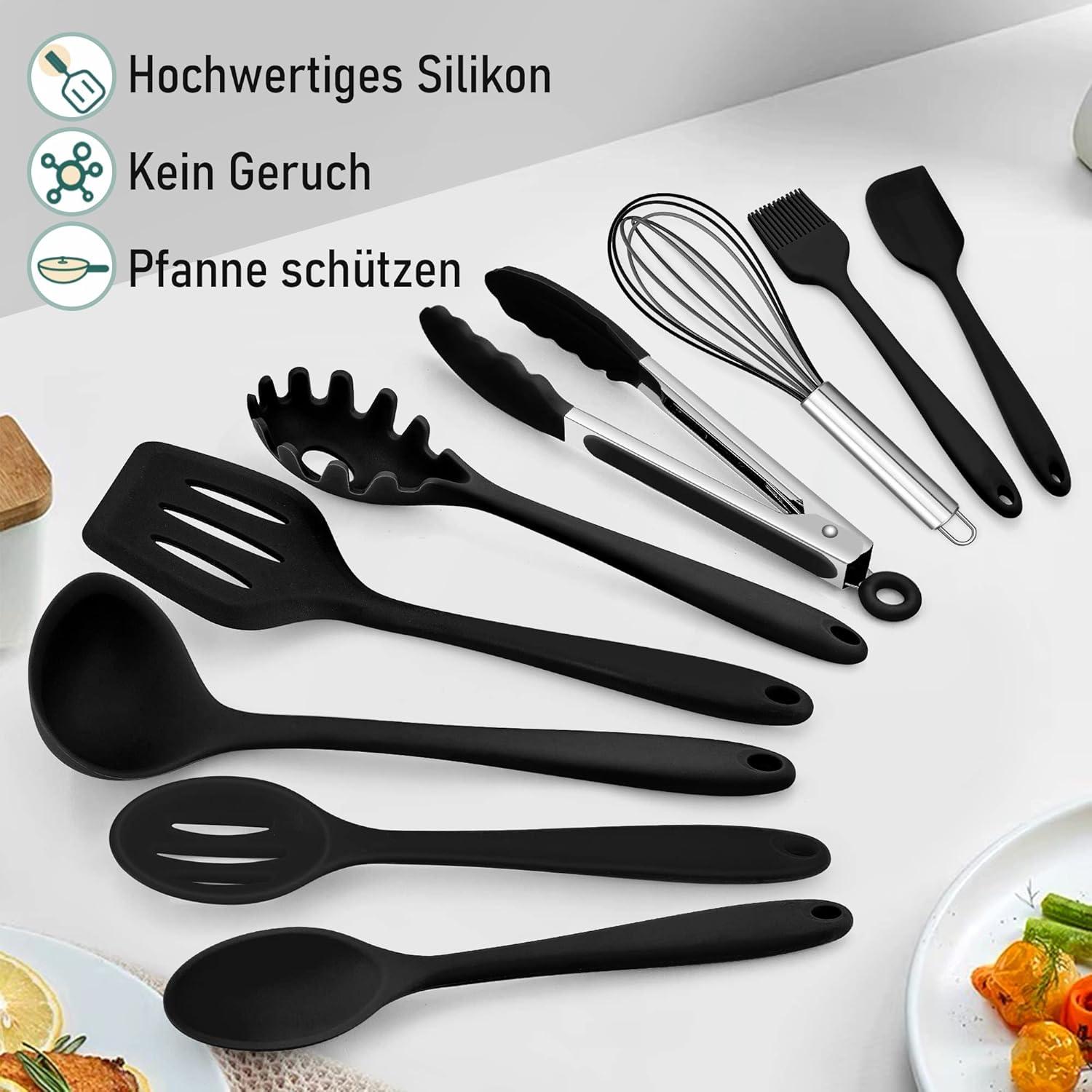 Küchenhelfer Set Schwarz Silikon Kochutensilien 9-teilig antihaft ergonomisch