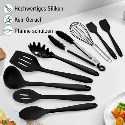 Küchenhelfer Set Schwarz Silikon Kochutensilien 9-teilig antihaft ergonomisch